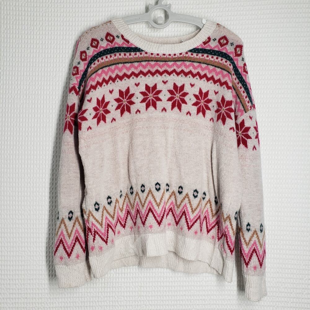 Wonder Nation Fairisle Sweater Girls Large 10-12 White Pink Holiday Winter Cozy